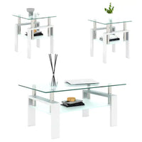 Set Of 2, Modern Tempered Glass Tea Table Coffee Table End Table, Square Table For Living Room, Transparent White