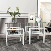 Set Of 2, Modern Tempered Glass Tea Table Coffee Table End Table, Square Table For Living Room, Transparent White